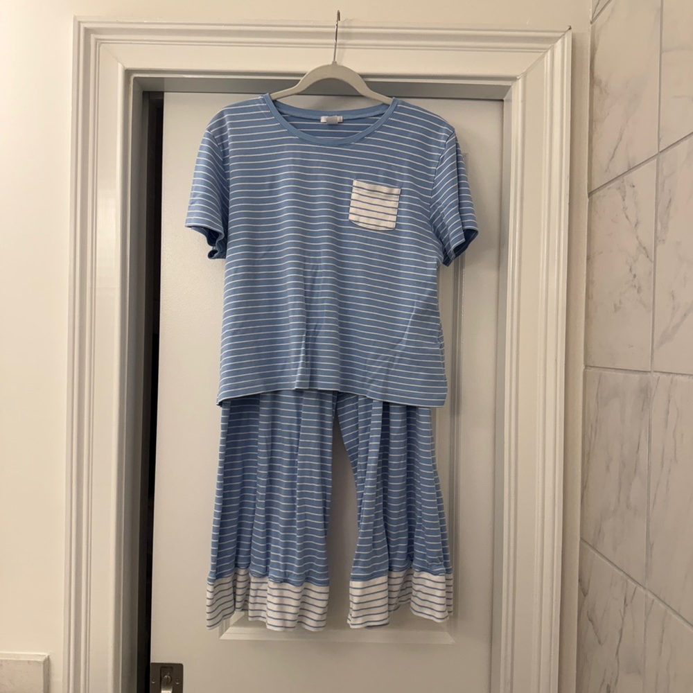 LAKE Pima Crew Wide Leg Pajama Set XL Baltic Blue Stripe Set